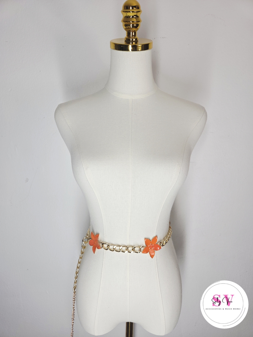Gold Chain Flower Waist Belt with Orange Flowers